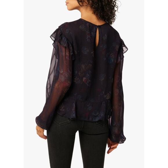 Joes Jeans Black Floral Talia Flowy Blouse, Large, NWT, Ruffles, Flared Hem - Picture 8 of 11